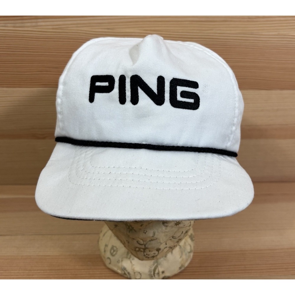 Vintage Ping Mens Golf Hat White Black Rope Cap Made in USA Adjustable Strap